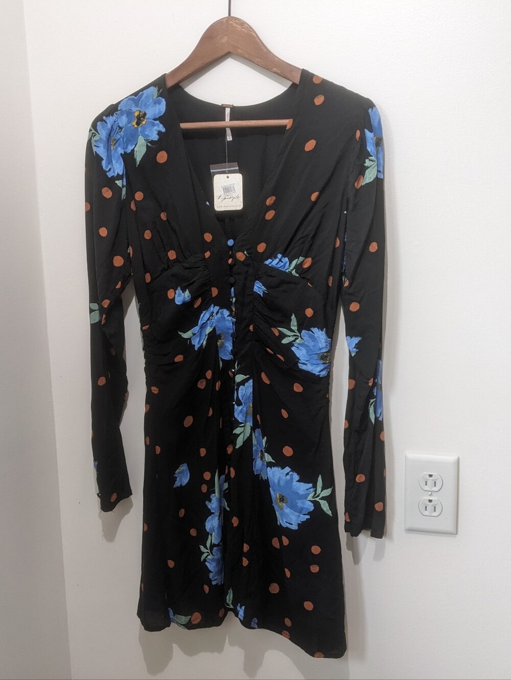 NWT Free People Moonlight Combo Long Sleeve Polkadot Mini Dress Size XS